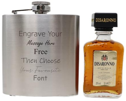 Personalised Engraved Silver Hip Flask & Miniature Bottle of Disaronno Alcohol. Wedding Gift for Best Man. Birthday Gift for Dad/Grandad. (Amaretto/No Gift Box) 28% vol