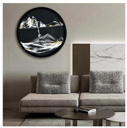 To.Heim Sandbilder Zum Drehen Wanddeko, Dynamisch 3D Sandbild mit 360 Paralleldrehung, Groß Sand Deko Rund Glas Natürliche Landschaft, Modern Deko Wohnzimmer Büro Schlafzimmer (44cm, Platin+Schwarz)