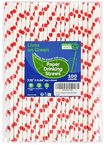 Lives on Green Lot de 100 pailles jetables en papier compostables à pois, rouges, 19,7 x 0,6 cm, pour boisson, soda, jus, lait, eau