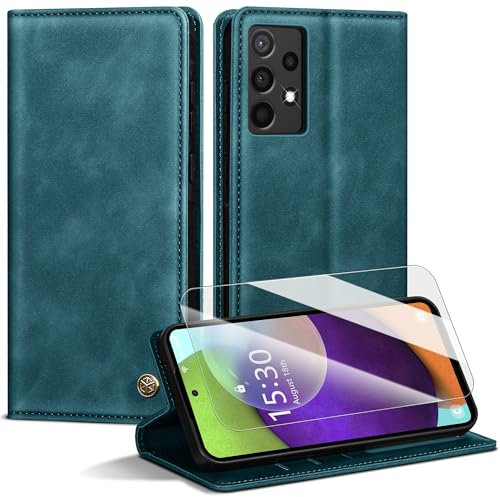 Handyhülle für Samsung Galaxy A52S/A52 4G 5G Hülle,Premium Lederhülle für Samsung A52S 5G [Mit 1 Stück Panzer Schutz Glas] Magnet Kartenfach Klapphülle Schutzhülle für Galaxy A52,BlauGrün