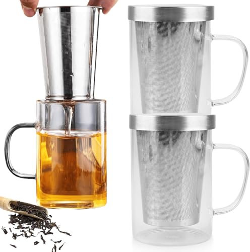 2 Stück Teetasse mit sieb, 500 ml Große Teegläser mit Griff und Edelstahl Deckel, Silberne Edelstahl Teeglas Teegläser aus Borosilikat Glas, Teetasse mit deckel für Losen Tee Beutel Tee