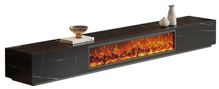 SOBOLON Supporto per TV con camino elettrico con fiamma realistica, luminosità regolabile, design incorporato, piano di lavoro in lastra di roccia, decorativo, facile da installare (nero, 200 x 40 x