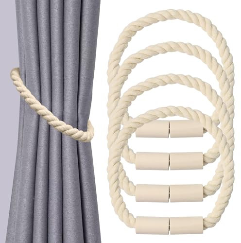 4 Stück Magnetische Vorhang Raffhalter, Gardinenhalter Vorhanghalter, Gardinenraffer aus Holz Boho, Gardinen Raffhalter, Baumwollseil, Raffhalter für Gardinen Home Büro Gardinen Deko