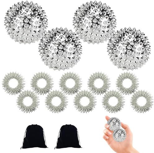 4 Stück Igelball Klein 3.2cm Igelball Hart Silber Igelball Metall,Igelball Set zur Stresslinderung und Massage von Rücken,Beinen,Händen,mit 10 Fingermassageringe,2 Aufbewahrungsbeutel Enthalten