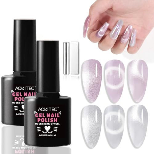 Aokitec Cat Eye Gel Nail Polish Set: Sliver Purple Shimmer Magnetic Nail Polish Gel with Magnet,9D Holographic U V LED Lamp Halo Gel Polish for Manicure Starter Nail Art Kit Salon DIY Gift Girls Women