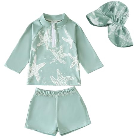 Yoolhamy Traje de Baño para Bebé Niño, Bañador Bebe Pequeños Bañador de Manga Larga con Cremallera para Niños con Gorro de Sol