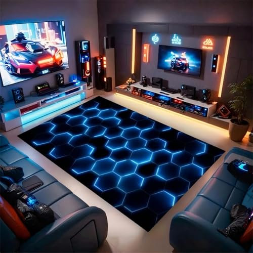 PEIHUODAN Tapis Gamer Sol en Flanelle Douce - Motifs Néon Gaming avec Fond Antidérasant - Décoration Chambre Ado/Garçon/Enfant (Navy,80x160cm)
