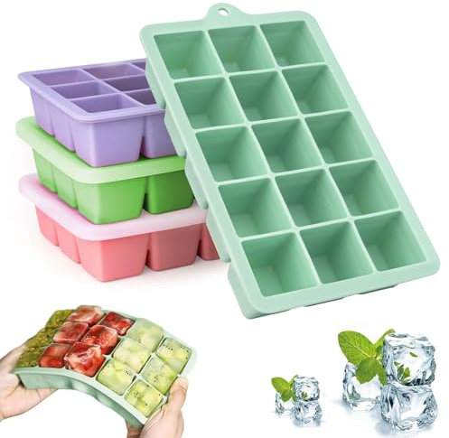 Ice Cube Tray with Lid, 4 Packs 60 Cubes Silicone Ice Cube Moulds, Reusable Ice Cube Tray Silicone and BPA Free for Whiskey, Cocktail, Drinks&Baby Food, Freezer, Souper, 4 Color
