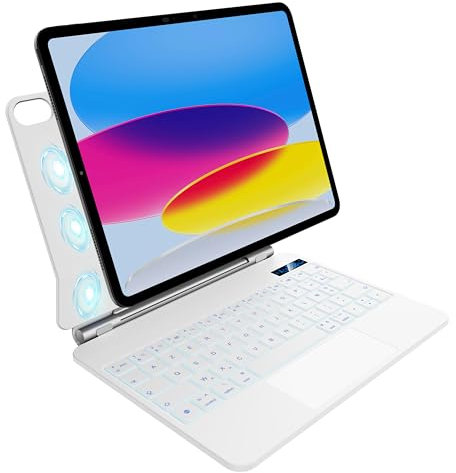 pankeybd Étui Clavier pour iPad A16 2025 et iPad 10e Génération 2022, Rétroéclairage 7 Couleurs, Pavé Tactile Multi-Touch, Conception Magnétique Flottante, AZERTY, Blanc