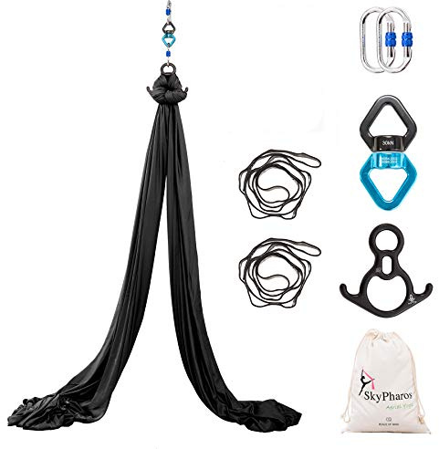 SKYPHAROS Aerial Silks Yoga Swing Set - 9/11 Yards Aerial Yoga Hammock Kit Anti-Gravity Flying for Fitness, Low/Non Stretch Nylon Tricot Fabric Hardware Included for Dance