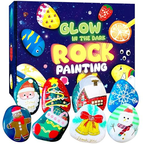GW Box Rock Painting Kit, Glow in The Dark Rock Kit, Arts and Crafts 12 Rocks with Paint Supplies for DIY