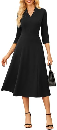 GRACE KARIN Women's A-Line 3/4 Sleeve Work Dress V-Neck Midi Casual Dress Black XL