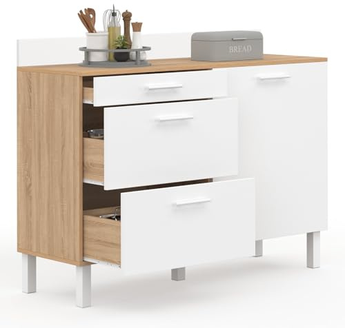 IDMarket - Buffet Bas de Cuisine 120 cm casserolier CINA façon hêtre, Blanc | Plan de travail h.83 cm 1 porte + 3 tiroirs