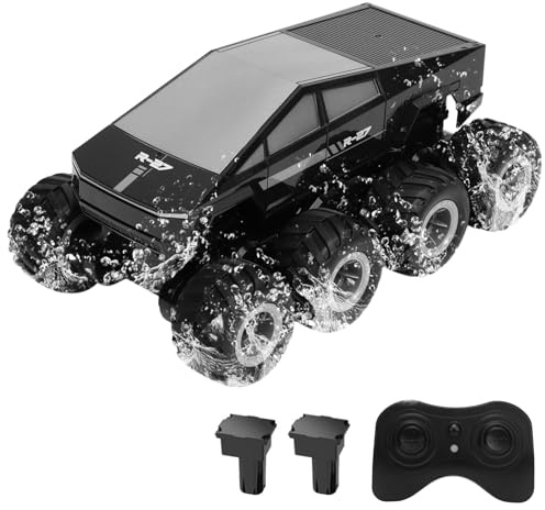 Hylukon Amphibious RC Truck, Water and Land All-Terrain Remote Control Car for Teens, 360° Rotating 8WD Off-Road Pick Up Truck, Water Proof Cyber RC Car Toy for Teens (Black 2 Batteries)