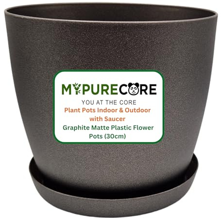 MYPURECORE Plant Pots Indoor with Saucer – Elegant Matte Plastic Flower Pot – Durable Indoor & Outdoor Planter for House Plants, Herbs & Succulents (Graphite, 30 cm)