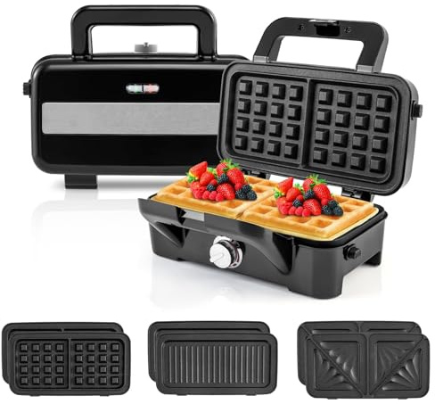 RELAX4LIFE Gaufrier 1000W-Croque Monsieur 3 en 1 avec 2 Frire&2 Griller&2 Gaufres&Poignée Cool Touch|Contrôle de Température à 5 Niveaux, Acier Inoxydable pour Anniversaires Fêtes Pâques Noël (S)