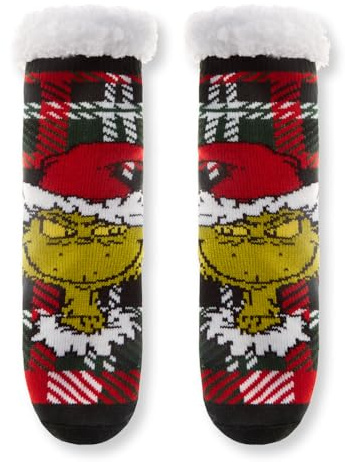 i-Smalls The Grinch Fuzzy Slipper Socks for Men & Women - Cozy Sherpa-Lined Festive Christmas Stocking Fillers Socks Holiday Knit Design