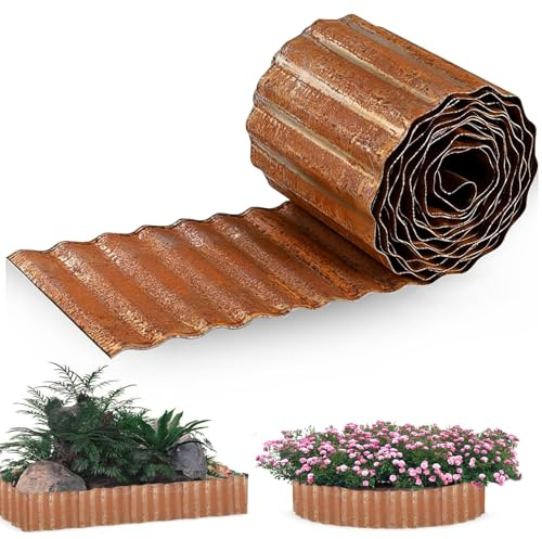 Vyranut Rasenkante aus Cortenstahl, Flexible Beeteinfassung Metall, wetterfeste Beetumrandung für Rasen, Beete, Wege und Gartenbereiche-Rostfarbe (Rostoptik, 6m x15 cm)