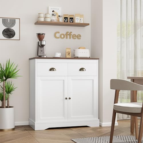 GarveeHome Küchenbuffet mit 2 Türen & 2 Schubladen, 80 x 40 x 90 cm – Kommode mit Arbeitsplatte und Verstellbarer Ablage für Küche, Esszimmer & Wohnzimmer, Weiß