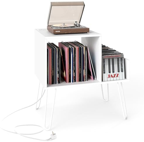 GOPLUS Soporte para Tocadiscos con Estación de Carga, Mueble para Tocadiscos con Separador Desmontable, Estante de Exhibición de Vinilos para Dormitorio, Sala de Estar, Oficina (Blanco)