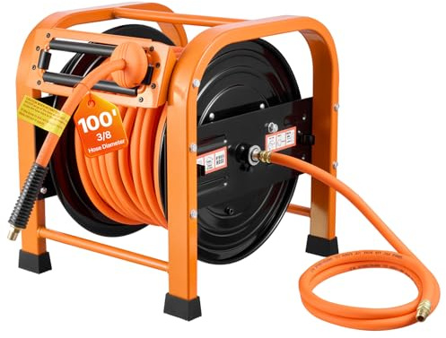 VEVOR Retractable Air Hose Reel, 3/8 Inch x 100 FT PVC Air Hose Max 300PSI, Auto Rewind Air-Compressor Hoses Reel with 5 ft Lead in, Portable Freestanding Heavy Duty Steel Reel for Garages Workshops