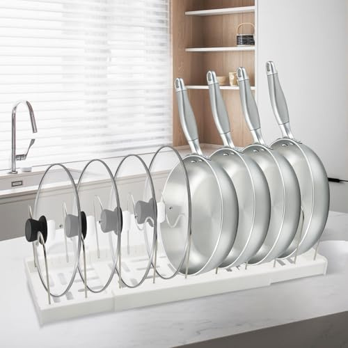 Yuaerbuo Rangement Tiroir Cuisine Organisation Casserole avec 10 Séparateurs Réglables, 32-57cm Range Couvercle Casserole Extensible Support Couvercle Casseroles Tiroir pour Poêles à Frire (Blanc)