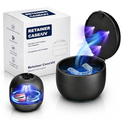 Multifunktions Box für Prothesen– Zahnspangenbox für Zahnspangen mit UV-Licht, Belüftung, Aufbewahrung und Einweichfunktion – Ideal für Mundschienen, Retainer, Teil- und Vollprothesen (Schwarz)