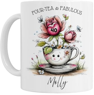 Personalised 40th Birthday Mug, 'Four-Tea & Fabulous' Floral Tea Cup Design, White Ceramic, 40th Birthday Gift for Her