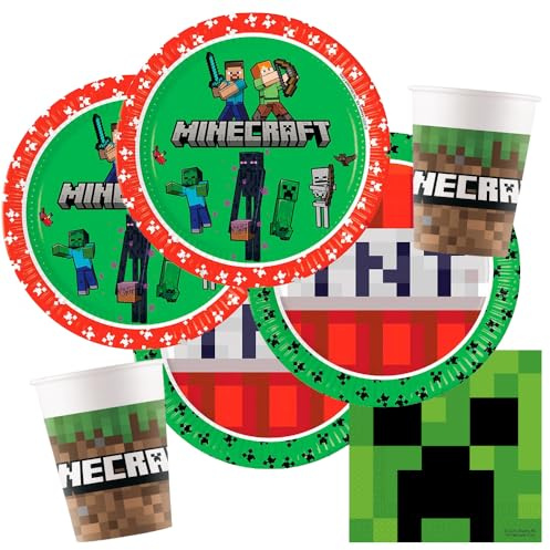 Procos Set de fiesta de Minecraft de 36 piezas para 8 niños | Platos, Vasos y Servilletas de Papel Para cumpleaños infantiles