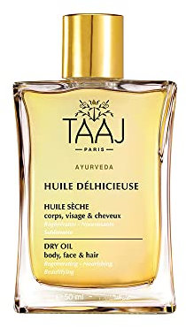 TAAJ | Huile Délhicieuse | Trockenes Schönheitsöl | Körper, Gesicht & Haare | Nährt, schützt & revitalisiert die Haut | Repariertes Haar | 96% Inhaltsstoffe natürlichen Ursprungs | Vegan | 100 ml