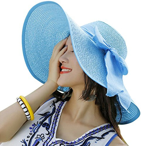 JOYEBUY Damen Strohhut mit großer Schleife, faltbar, UV-Schutz, Strandkappe - Blau - Einheitsgröße