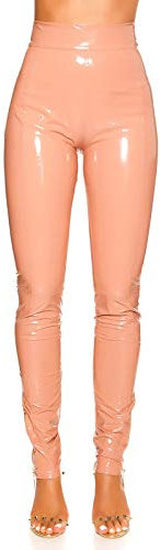 Koucla - Pantaloni da donna a vita alta effetto bagnato, effetto pelle lucida, con zip, rosa antico, L