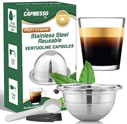 CAPMESSO Stainless Steel Reusable Coffee Capsule: Metal Refillable Coffee Pod Brewing Espresso - Compatible with Nespresso Vertuoline GCA1/ENV135/ENV150/BNV420 (2.4OZ-Double Espresso Cup(Small)