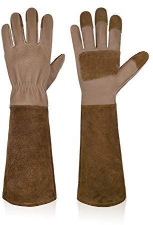 HANDLANDY Lange Gartenhandschuhe für Männer und Frauen, Schweinsleder, Rosen-Handschuhe, atmungsaktiv und langlebig, mit dornsicheren Stulpen (S, Braun)