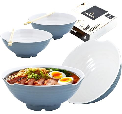 VALLENWOOD 4 XL Gray White bowl set, 12 Pieces Ramen Bowls. Asian Japanese soup w/ Spoons & Chopsticks. Restaurant Quality Melamine, Large 52 oz Noodles, Pho, Udon, Thai, Chinese dinnerware, 9 inch