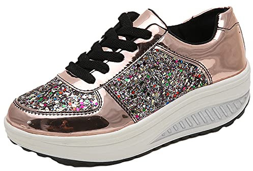 ANUFER Mujer Súper Ligero Plataforma Zapatillas con Cordones Cuña Zapatos Deportivos Oro SN070680 EU37