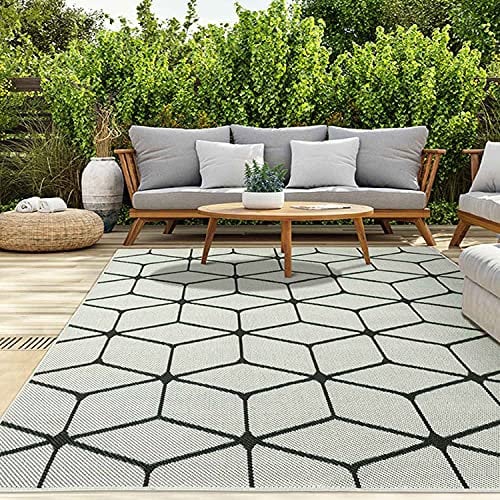 VIMODA Teppich Rauten Muster In- und Outdoor Tauglich Robuster Flachgewebe 100% Polypropylen Weiß, Maße:200x280 cm