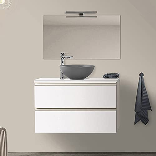 Mobile bagno sospeso 100 cm per lavabo da appoggio, serie Master 2 cassetti, completo di top e specchio (Bianco Opaco)