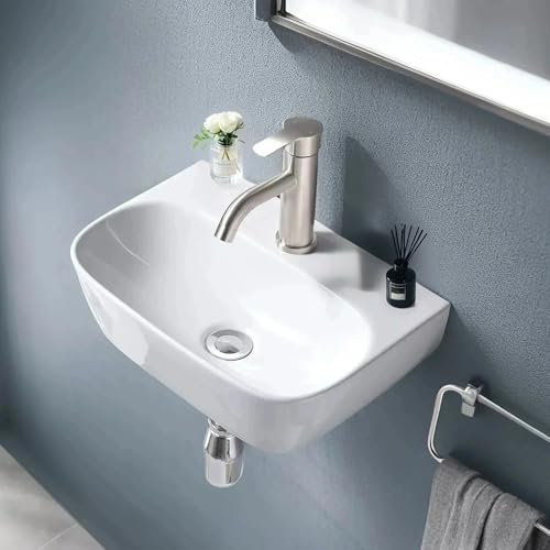 Friho Kleines Wandmontiertes Waschbecken, Weiß, 11.61 x 16.54 x 4.92, Porzellan, Keramik, Heben und Drehen, Glossy, 1 Loch