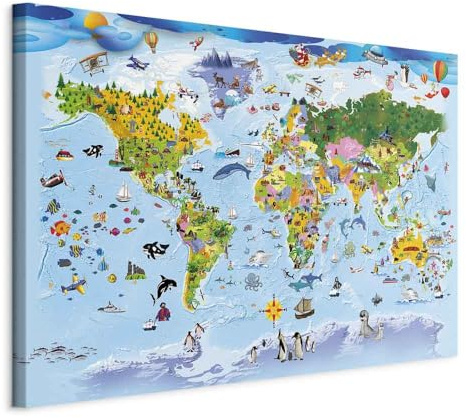 B&D XXL - Akustikbild Weltkarte blau Tiere, Schallschutz, Wohnzimmer, Büro | Verbessert Raumakustik, reduziert Hall, ideal fürs Büro oder Wohnzimmer, hochwertige Verarbeitung, schnelle Montage, stilvoll