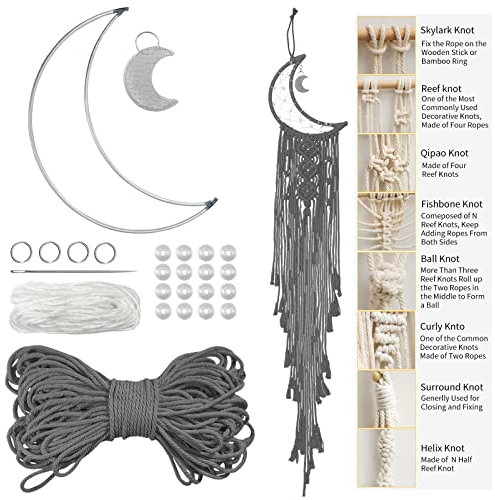 LEREATI DIY Makramee Set für Anfänger, Mond Traumfänger Bastelset Erwachsene, Wandbehänge Dekoration Ornament Makramee Zubehör Set Enthält Makramee Garn 3mm, Metall Ringe, Perlen (Grau)