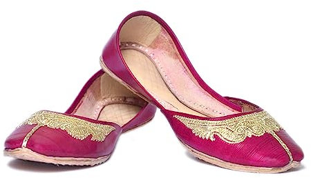 Women Ladies Traditional Embroidery Ethnic Bridal Handmade Leather Pink Flat Khussa Indian Pumps Slip On Shoes (Numeric_4)