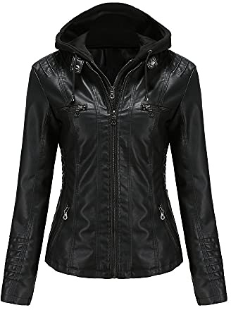 E-girl Damen Kunstleder Kurze Bikerjacke mit Kapuze Jacke,EU 36-52 | Abnehmbare Kordelkapuze,mehrere Reißverschlusstaschen,besäumte Manschetten,Stadtreise,leichtes‑Außen