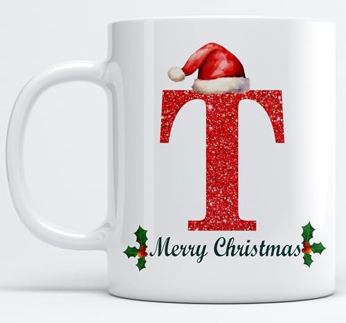 EKAM Personalised Mug Alphabet Letter T - Initial Mug with Letters - 11oz Ceramic Coffee/Tea Cup Gift for Christmas, Birthday, Secret Santa, Mother’s Day or Father’s Day Gift (Black - T)