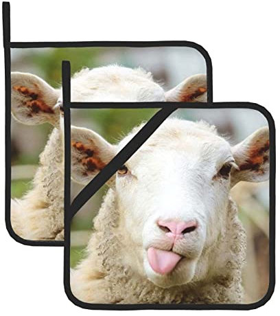 Lustige, freche Schafzunge, niedliches Tier, quadratisch, isolierter Topflappen – 20,3 x 20,3 cm (zweiteiliges Set), dick und langlebig, Verbrühungsschutz.