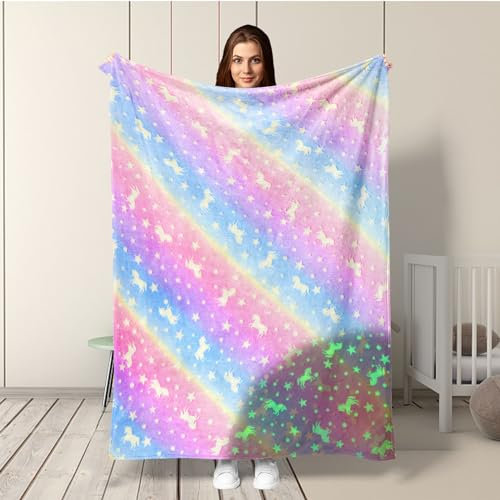 Kuscheldecke Kinder Mädchen Einhorn Kuscheldecke Leuchtet im Dunkeln,Sofadecke Kinderdecke für Mädchen Junge, Geschenke Christmas, Ganzjahresdecke für Kinder(Einhorn 1, 130x150cm)