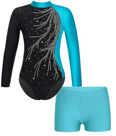 Runhomal Kinder Mädchen Gymnastikanzug Turnanzug Langarm Trikot Body mit Shorts Set Gymnastik Leotards Sportbody für Tanz Gym Workout I Blau 122-128