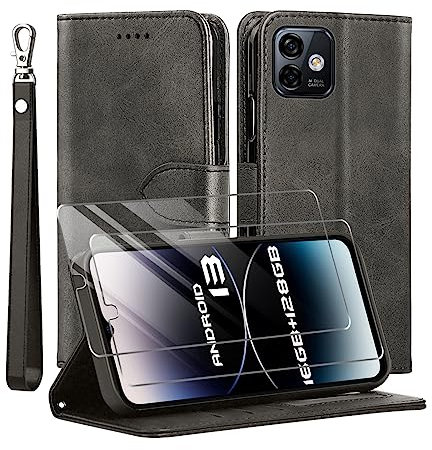 TTYSHTT Custodia Cover per Ulefone Note 16 Pro,con Protettiva in Vetro Temperato TPU Antiurto PU Pelle Premium Portafoglio Supporto Stand Carta Fessura Magnetica Custodie di Pelle Flip Case Nero