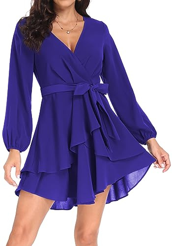 PCEAIIH Women's Cocktail Dresses Long Sleeve Empire Skater Dress Deep V-Neck Waist Tie Ruffle Mini Swing Dresses S Royal Blue
