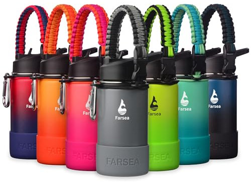 Farsea Isolierte Wasserflasche mit Paracord-Griff, schützendem Silikonstiefel und 2 Deckeln (Strohhalmdeckel und Auslaufdeckel), Edelstahl-Wasserflasche mit breiter Öffnung, doppelwandig, schweißfest,
